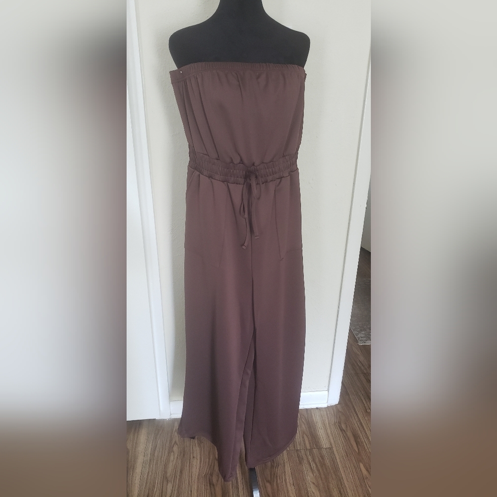 Mia Rose Strapless Brown Jumpsuit with Drawstring Waist